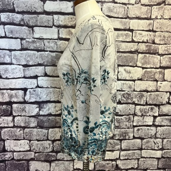 Chico's Ivory, Black & Blue V-Neck 3/4 Sleeve Blouse Size Medium - Picture 3 of 8